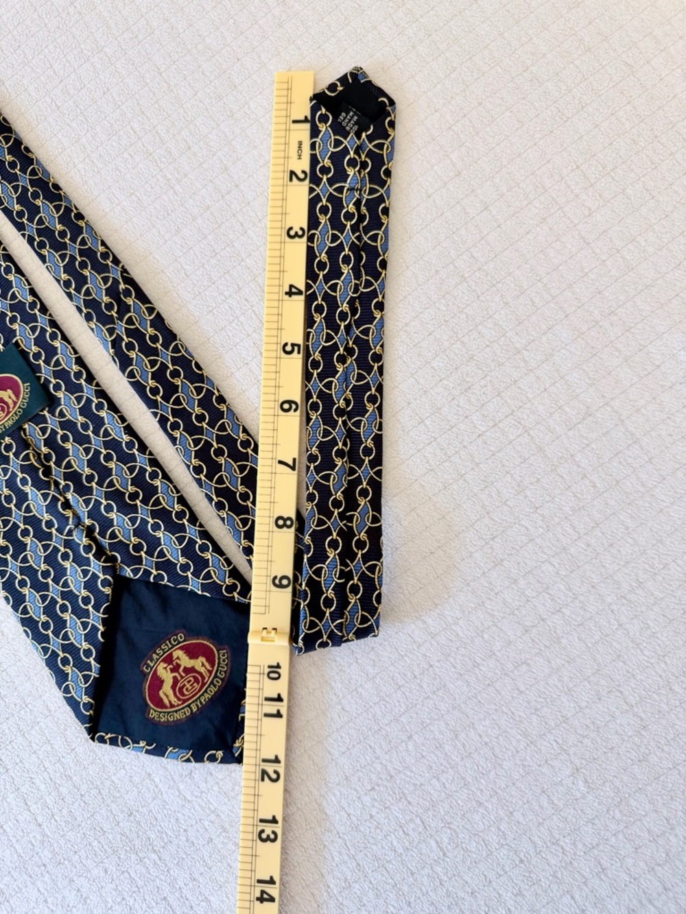 Vintage Paolo Gucci Classico Tie Blue Gold Silk Equestrian design Italy Designer - Picture 6 of 6
